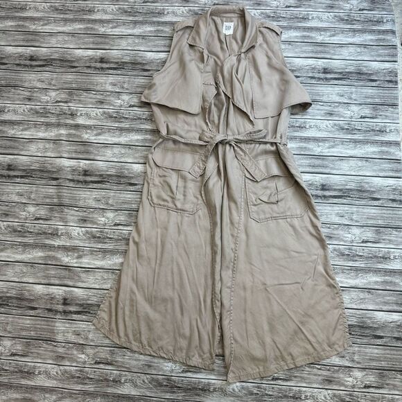 GAP Women's Open Front Safari Wrap Dress M Med Medium Tan Light Brown Khaki Tie - Picture 15 of 16